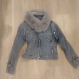 Sexy fun multi zippered faded jean jacket with faux fur collar